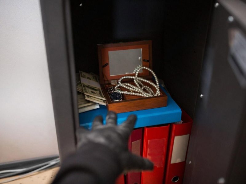 Gloved hand reaching into an open home safe holding cash, a watch, pearls and document folders